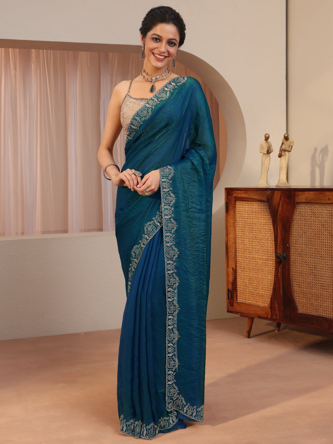  Pacific Blue Tissue Saree With Embroidered Border 