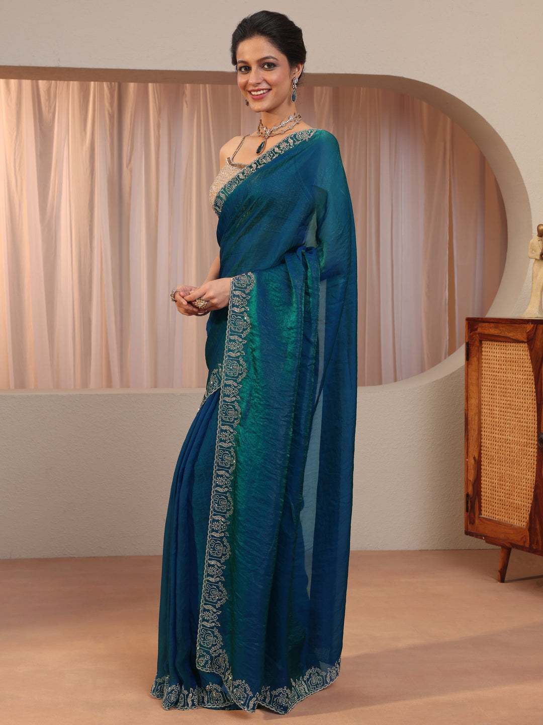  Pacific Blue Tissue Saree With Embroidered Border 
