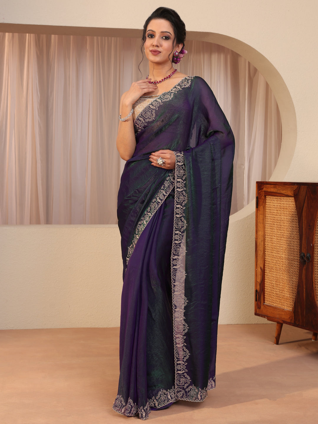  Royal Purple Tissue Saree With Embroidered Border 