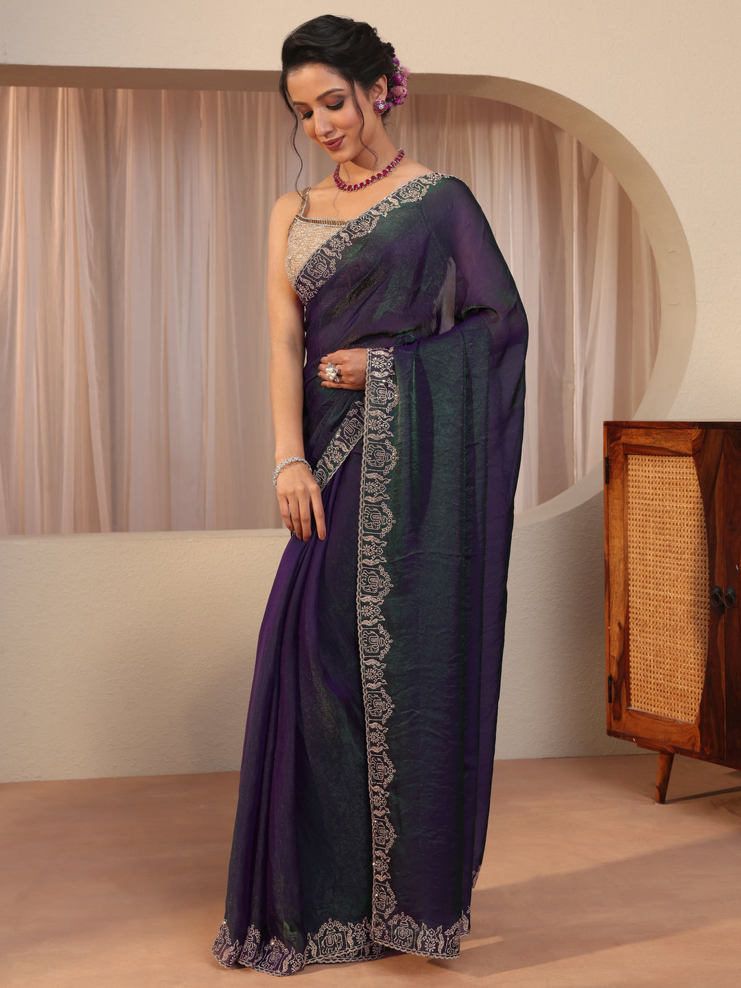  Royal Purple Tissue Saree With Embroidered Border 
