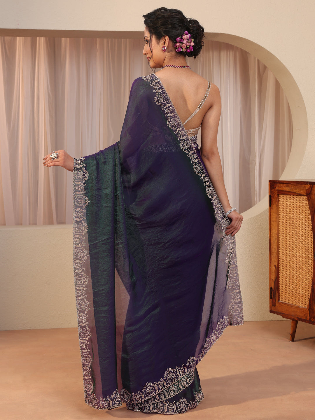  Royal Purple Tissue Saree With Embroidered Border 