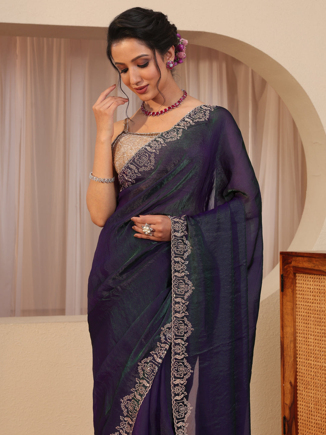  Royal Purple Tissue Saree With Embroidered Border 
