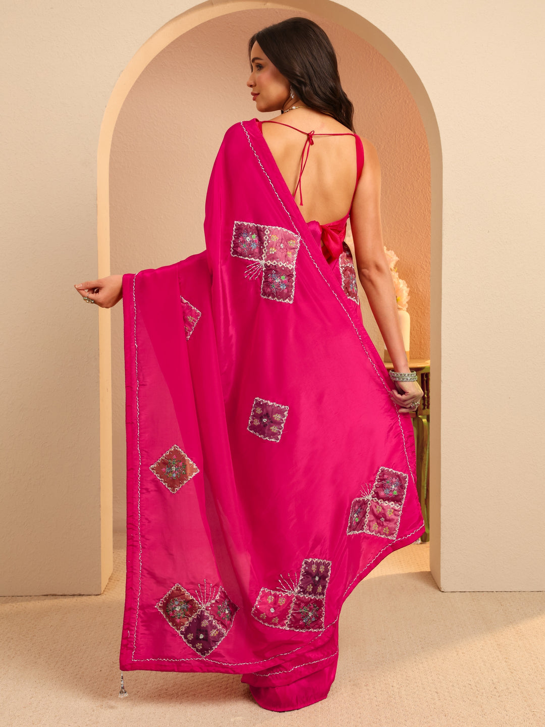  Rani Pink Applique Embellished Satin Saree 