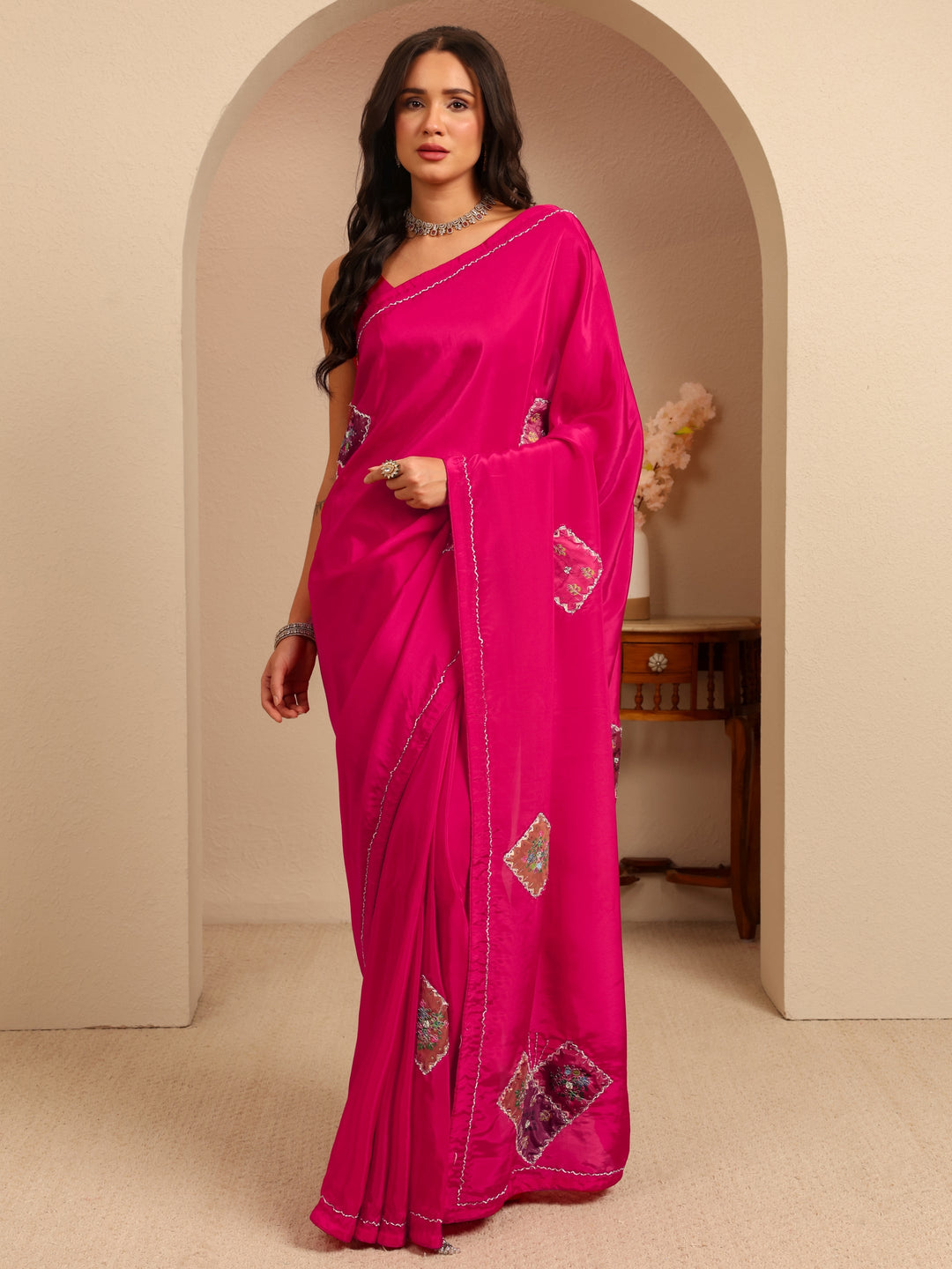  Rani Pink Applique Embellished Satin Saree 