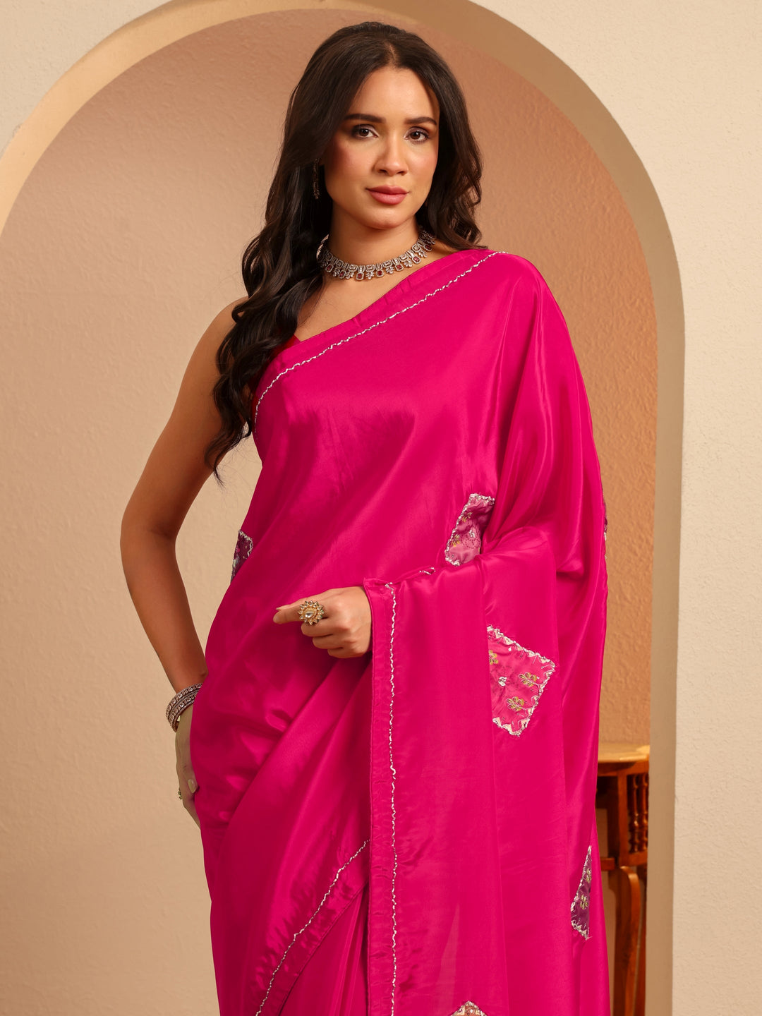  Rani Pink Applique Embellished Satin Saree 