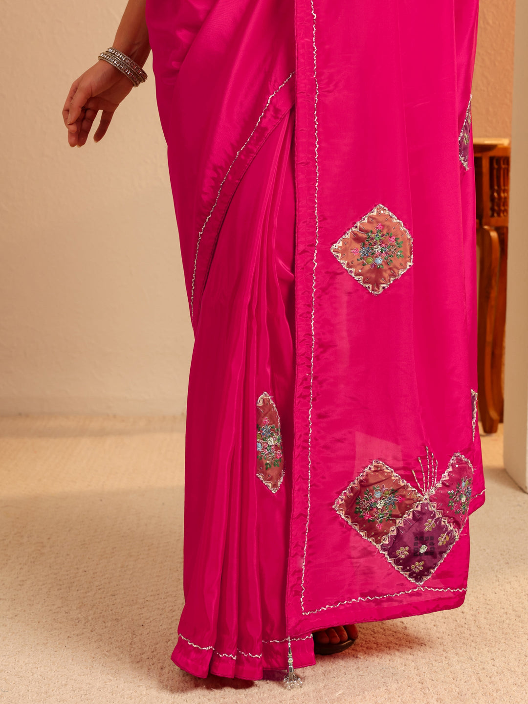  Rani Pink Applique Embellished Satin Saree 