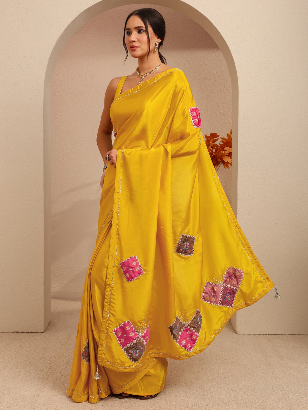  Mustard Applique Embellished Satin Saree 