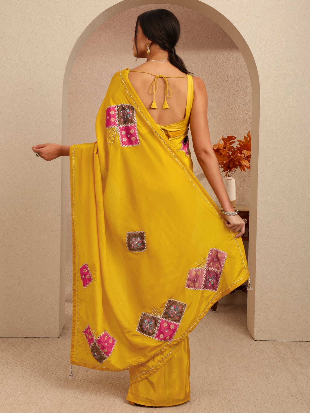  Mustard Applique Embellished Satin Saree 