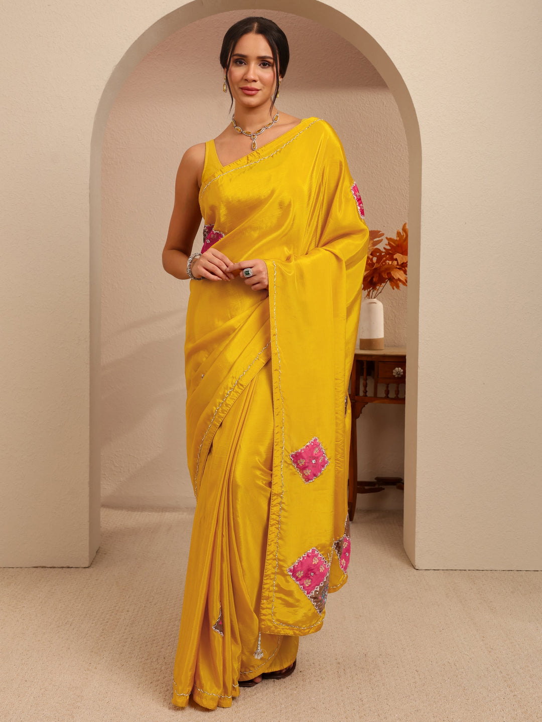  Mustard Applique Embellished Satin Saree 