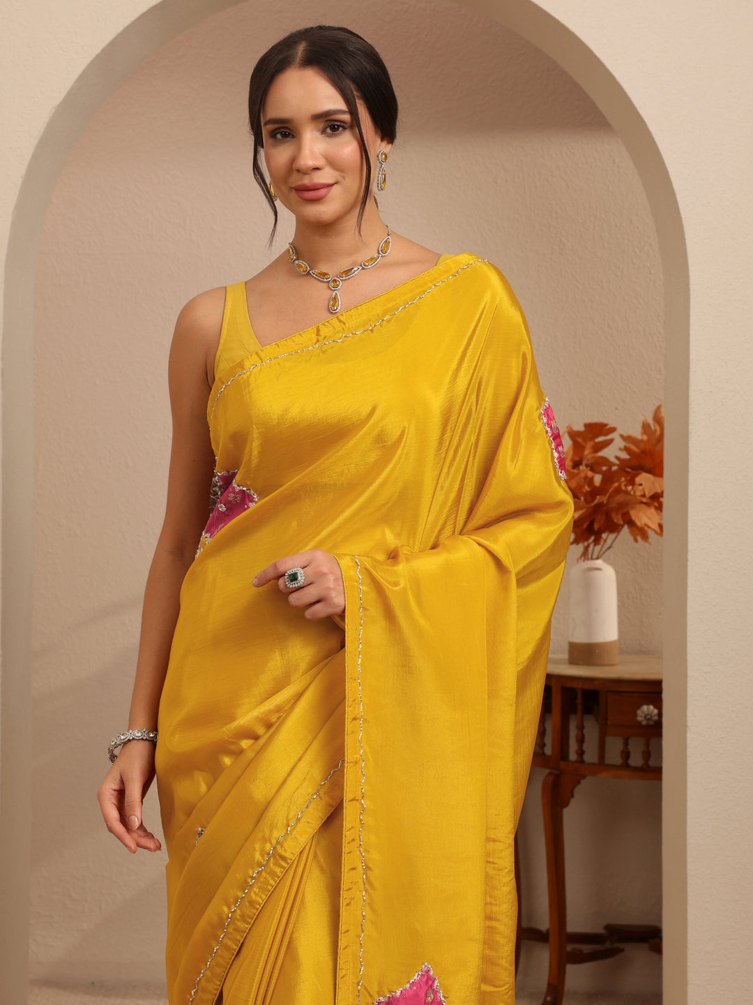  Mustard Applique Embellished Satin Saree 