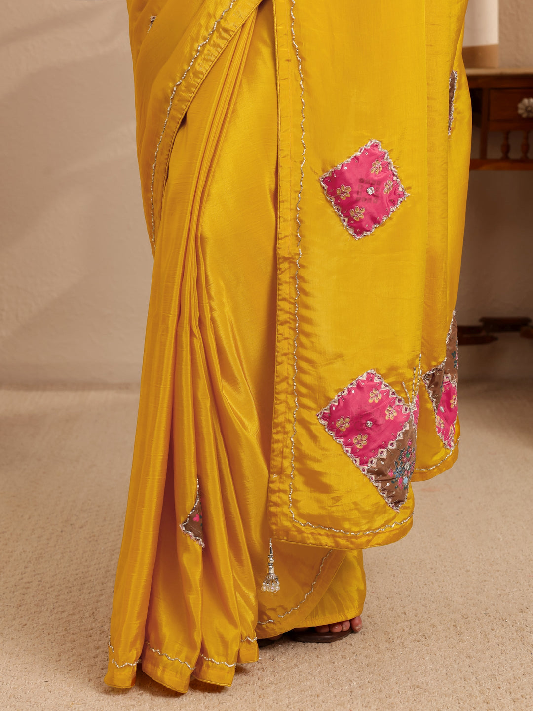  Mustard Applique Embellished Satin Saree 