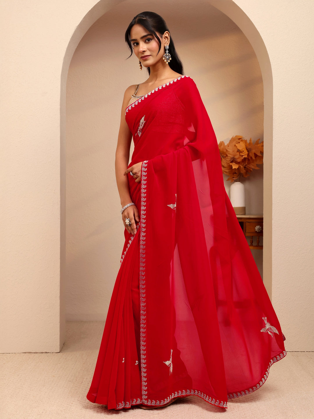  Vermilion Red Georgette Saree 
