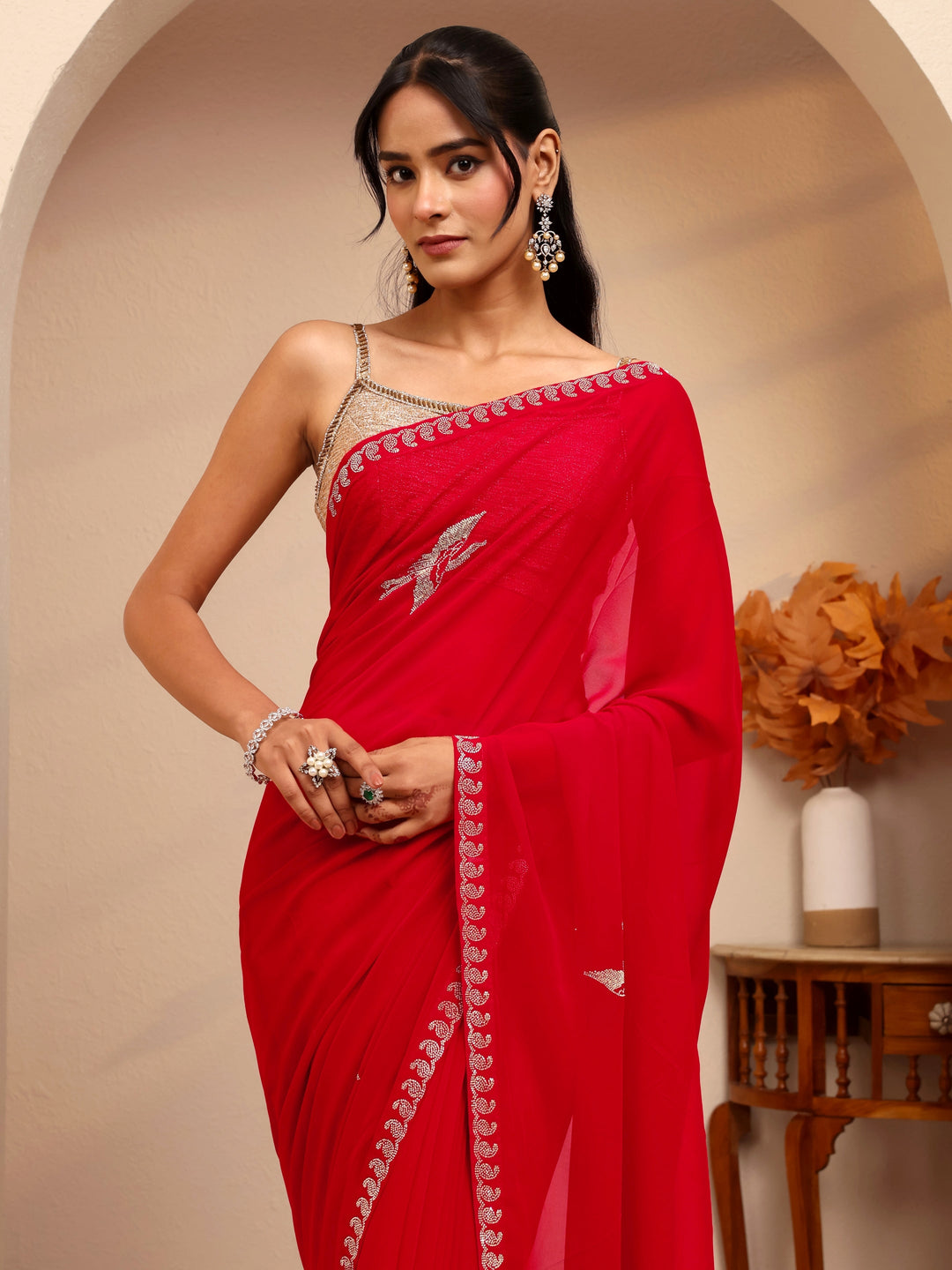  Vermilion Red Georgette Saree 