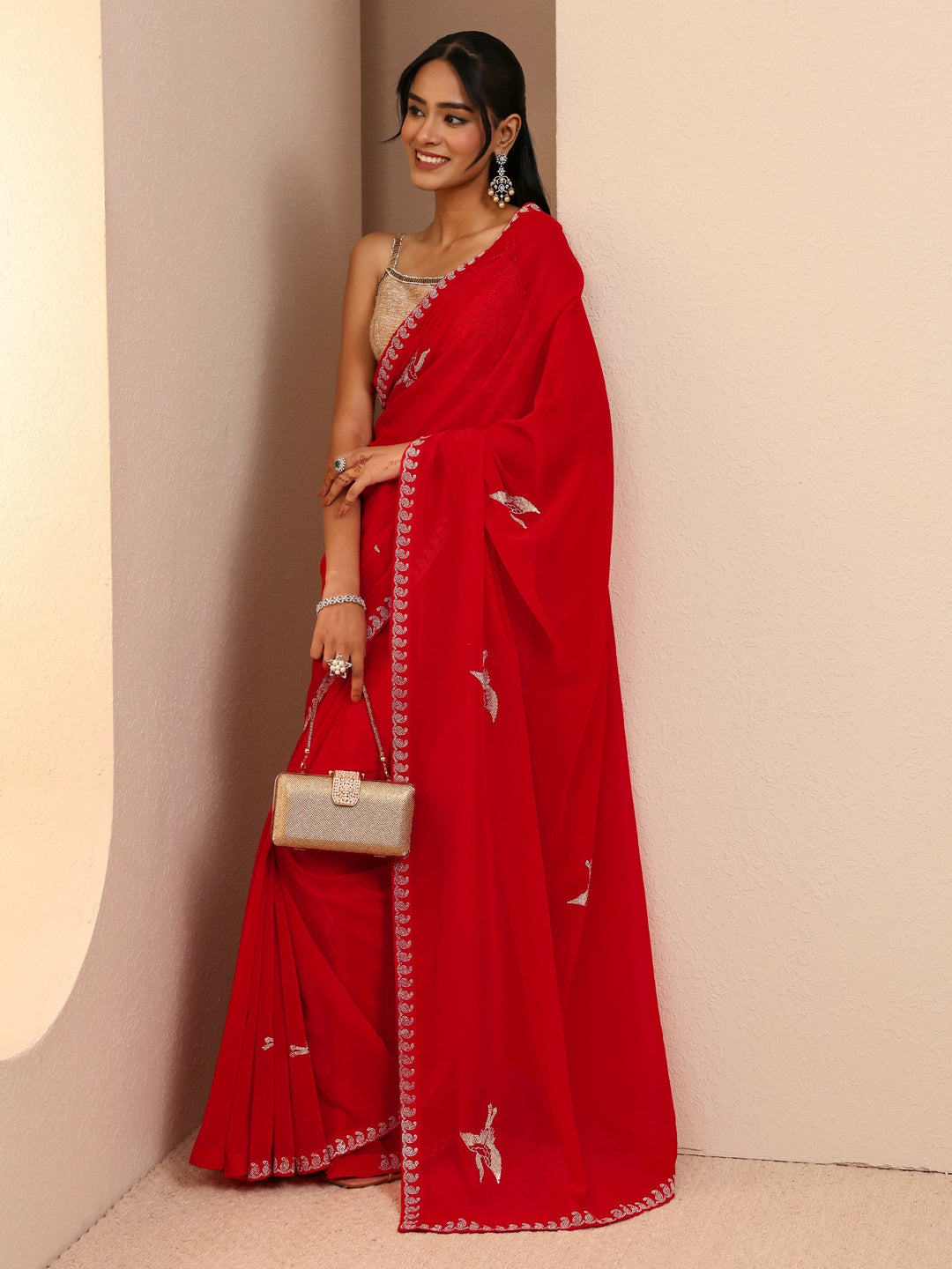  Vermilion Red Georgette Saree 