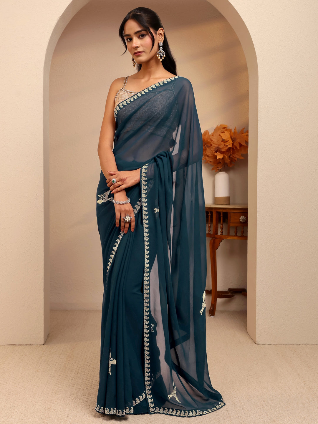  Teal Blue Georgette Saree 