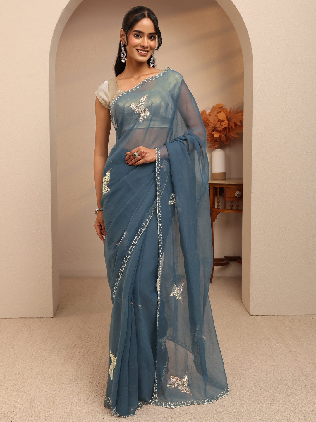  Peacock Blue Tissue Saree 