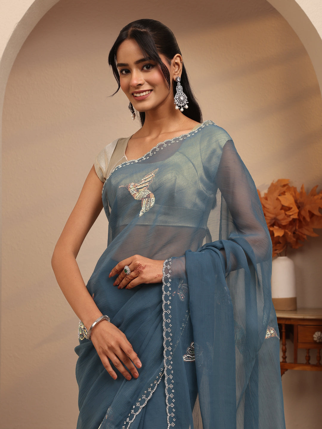  Peacock Blue Tissue Saree 