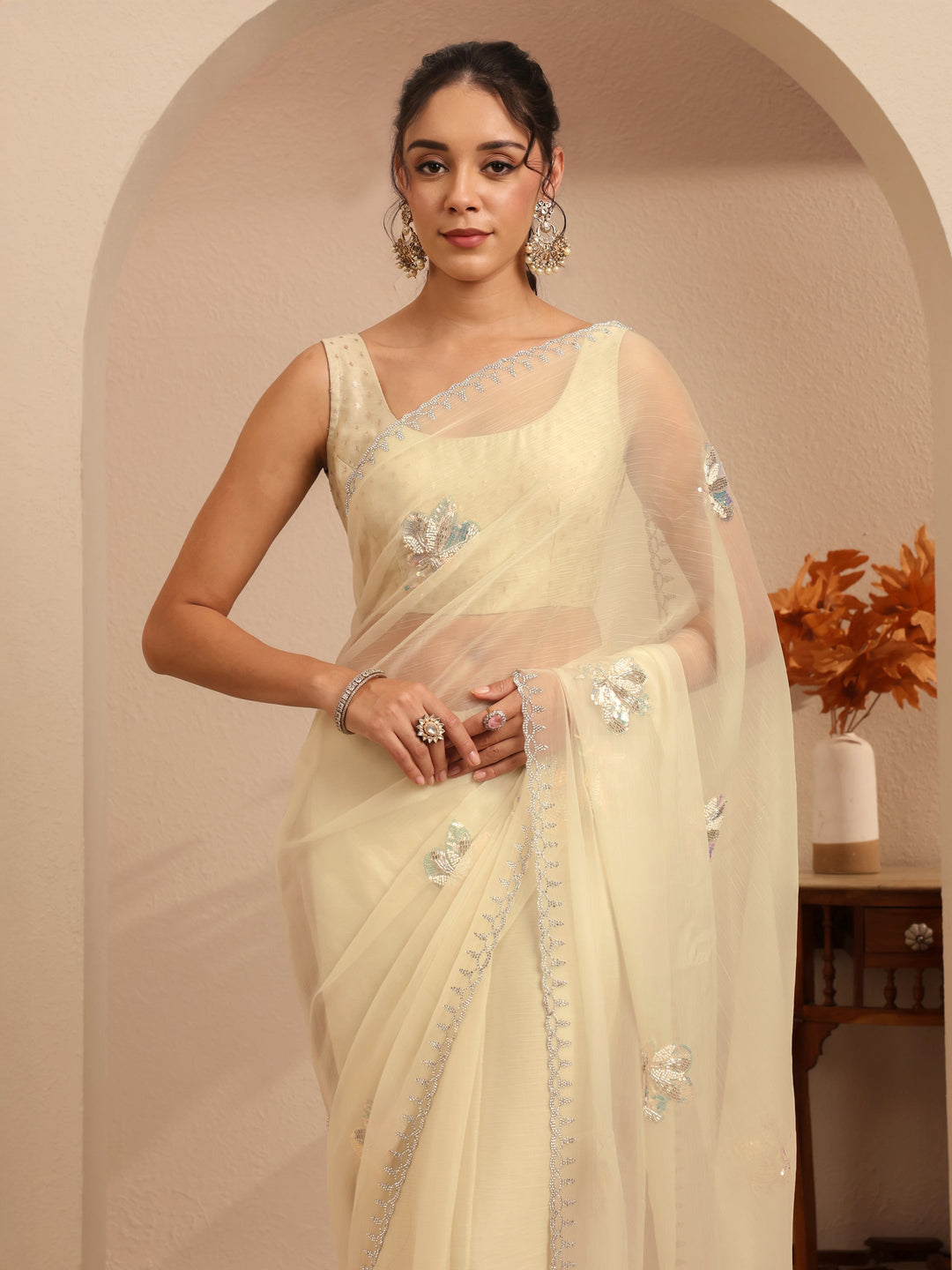  Cream Tissue Saree 