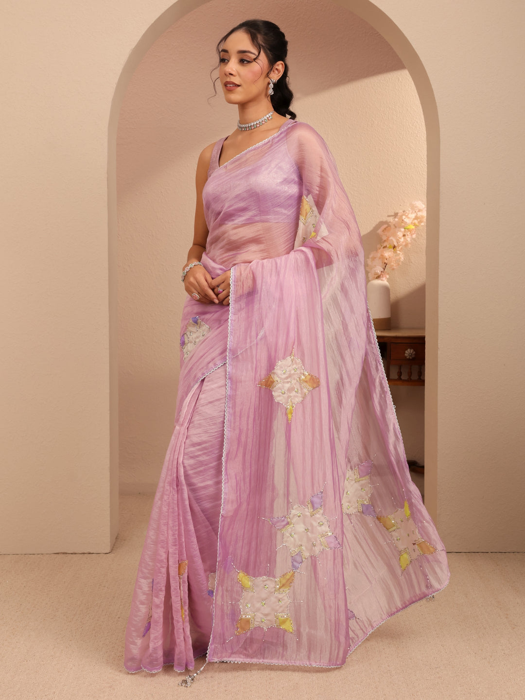  Lavender Applique Embellished Organza Saree 