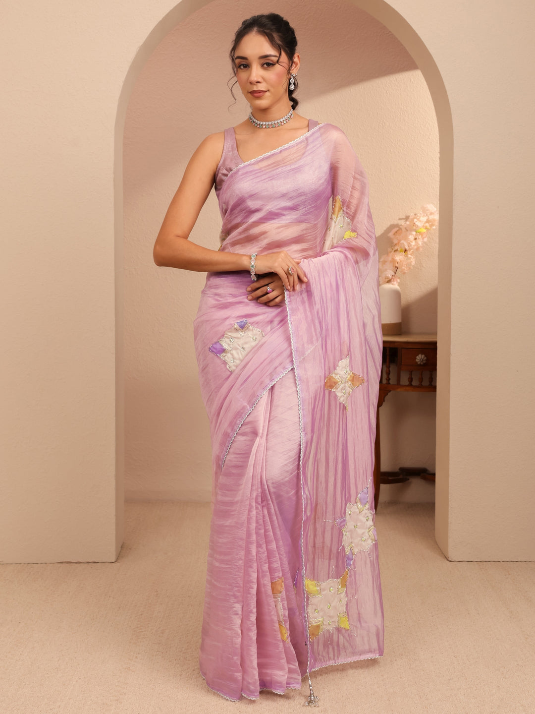  Lavender Applique Embellished Organza Saree 