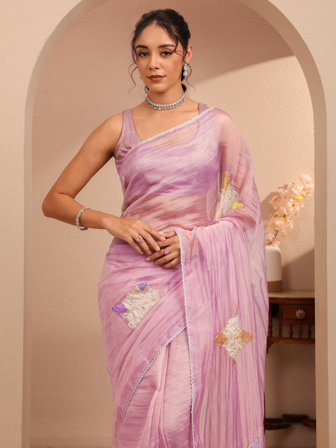  Lavender Applique Embellished Organza Saree 