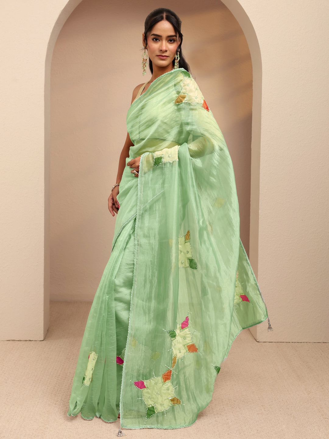  Mint Green Applique Embellished Organza Saree 