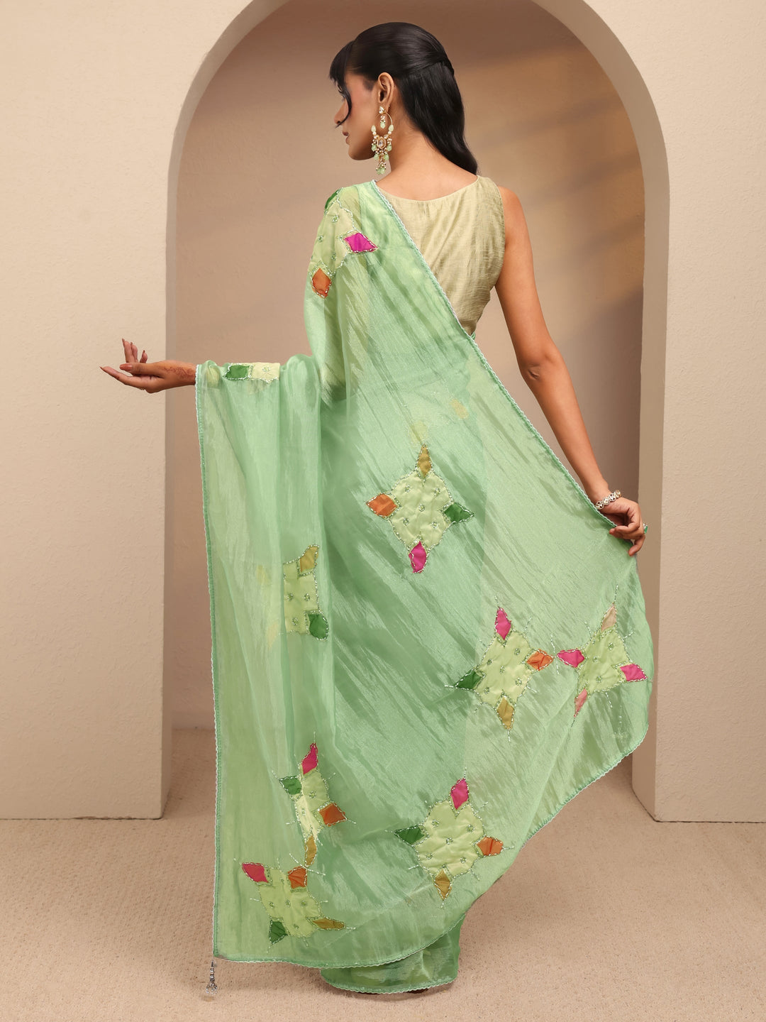  Mint Green Applique Embellished Organza Saree 