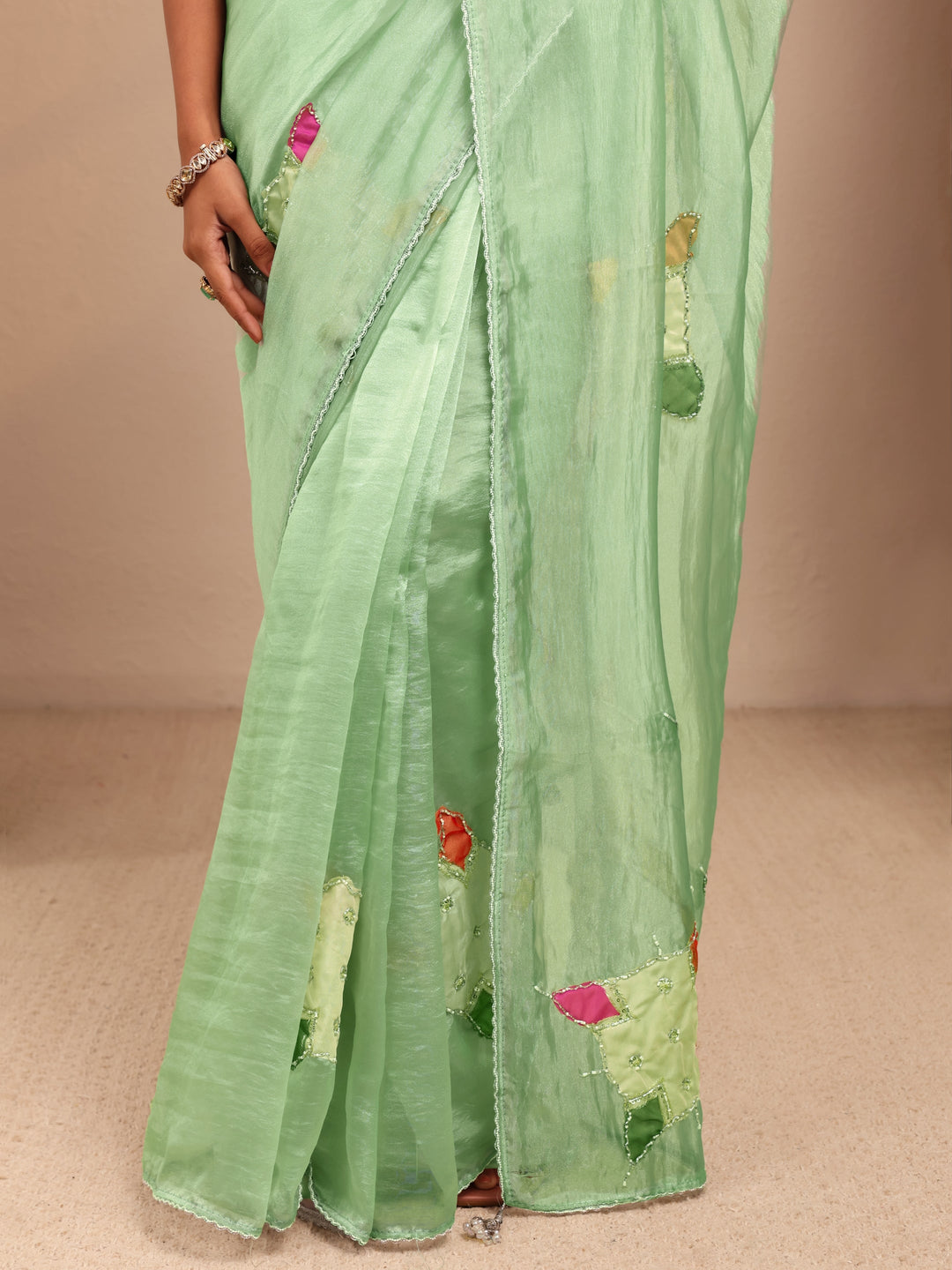  Mint Green Applique Embellished Organza Saree 