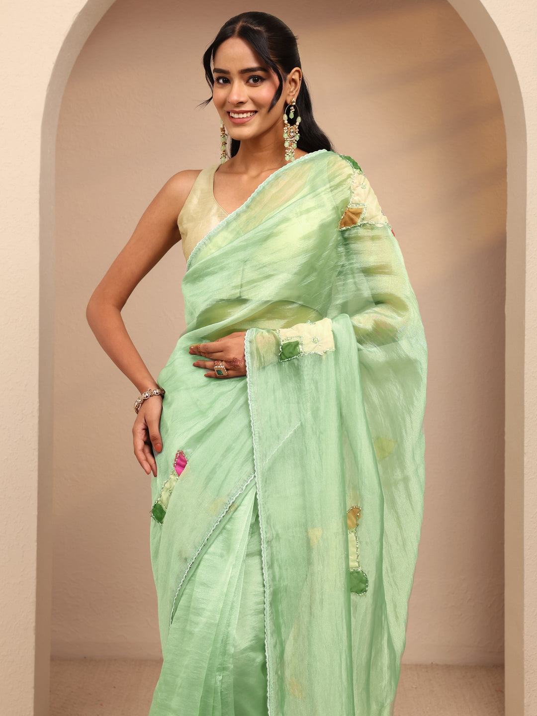  Mint Green Applique Embellished Organza Saree 