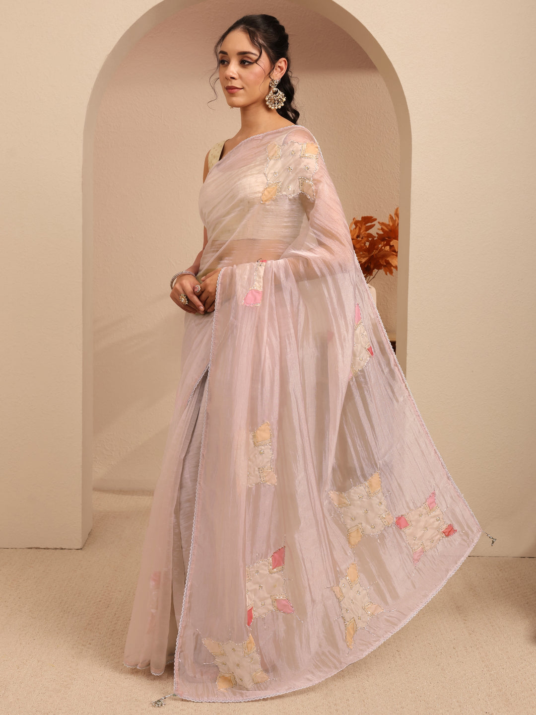  Taupe Applique Embellished Organza Saree 