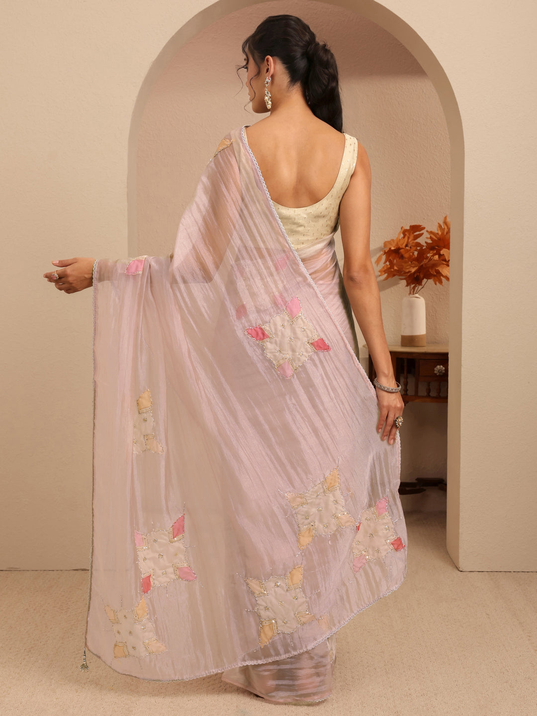  Taupe Applique Embellished Organza Saree 