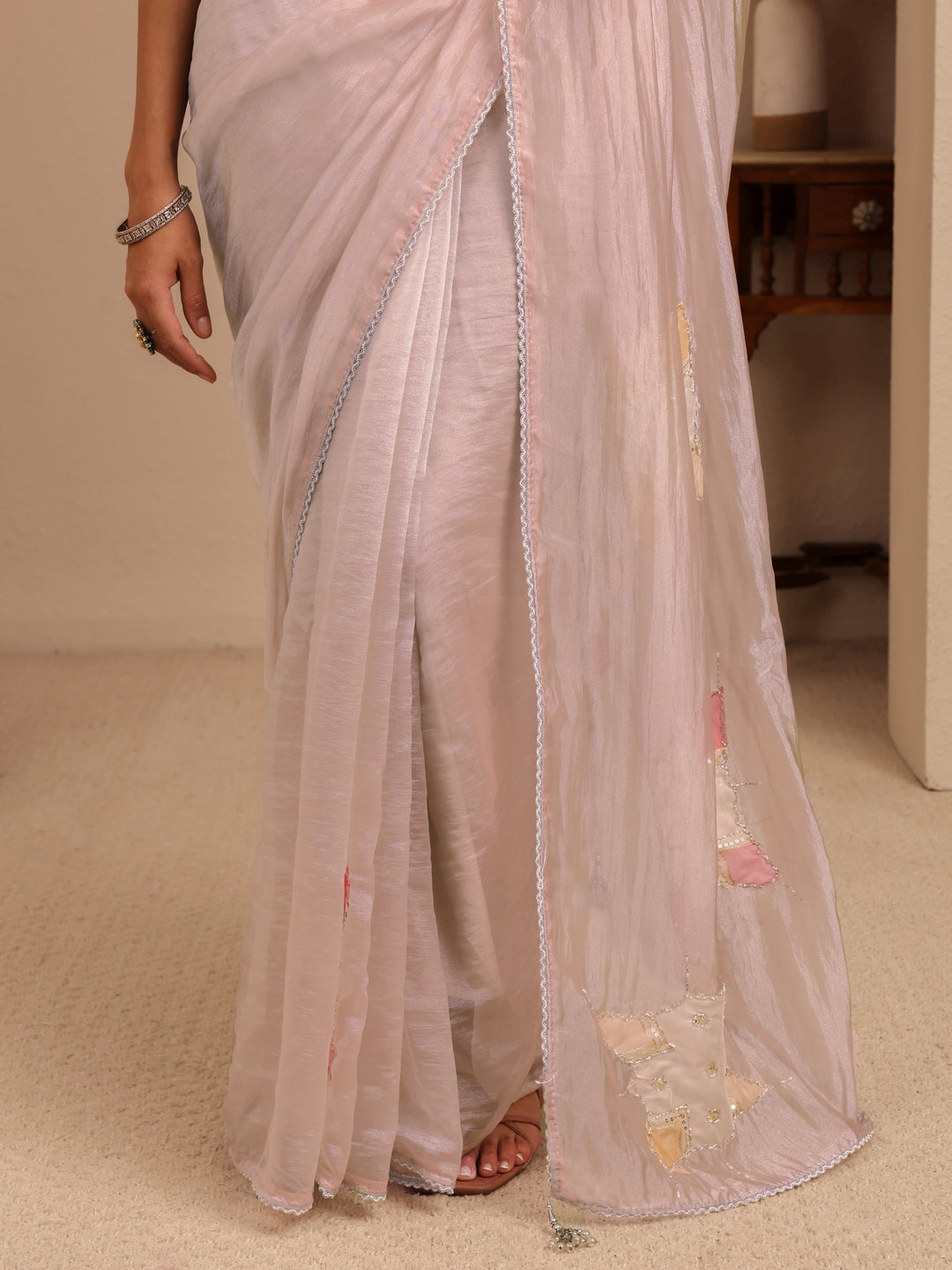  Taupe Applique Embellished Organza Saree 