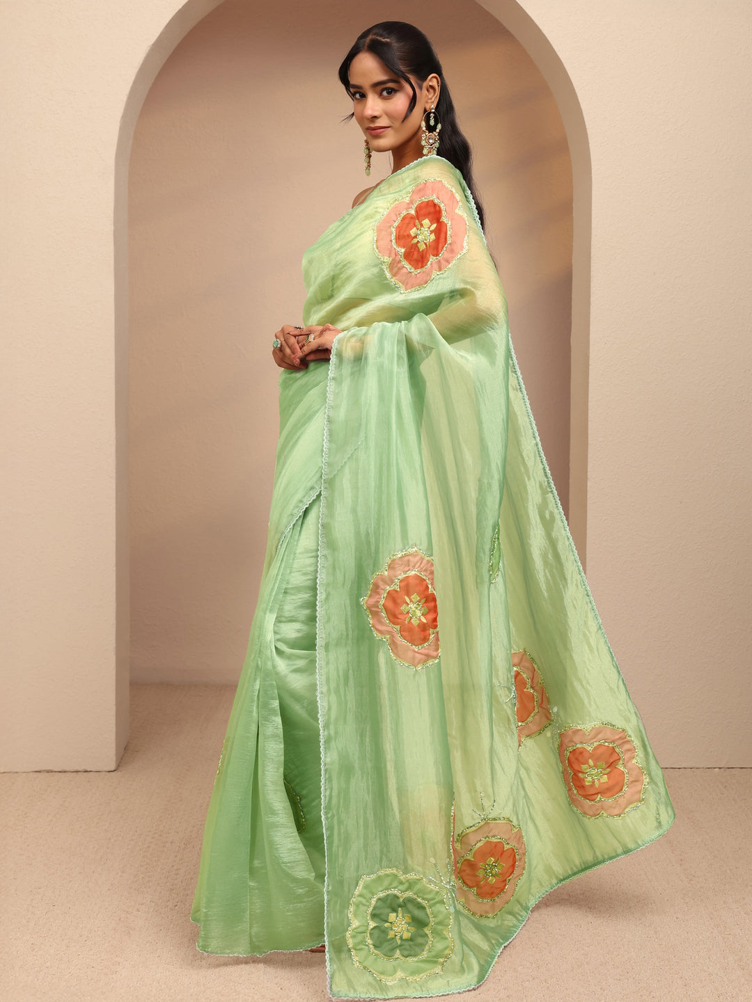  Mint Green Floral Embellished Organza Saree 