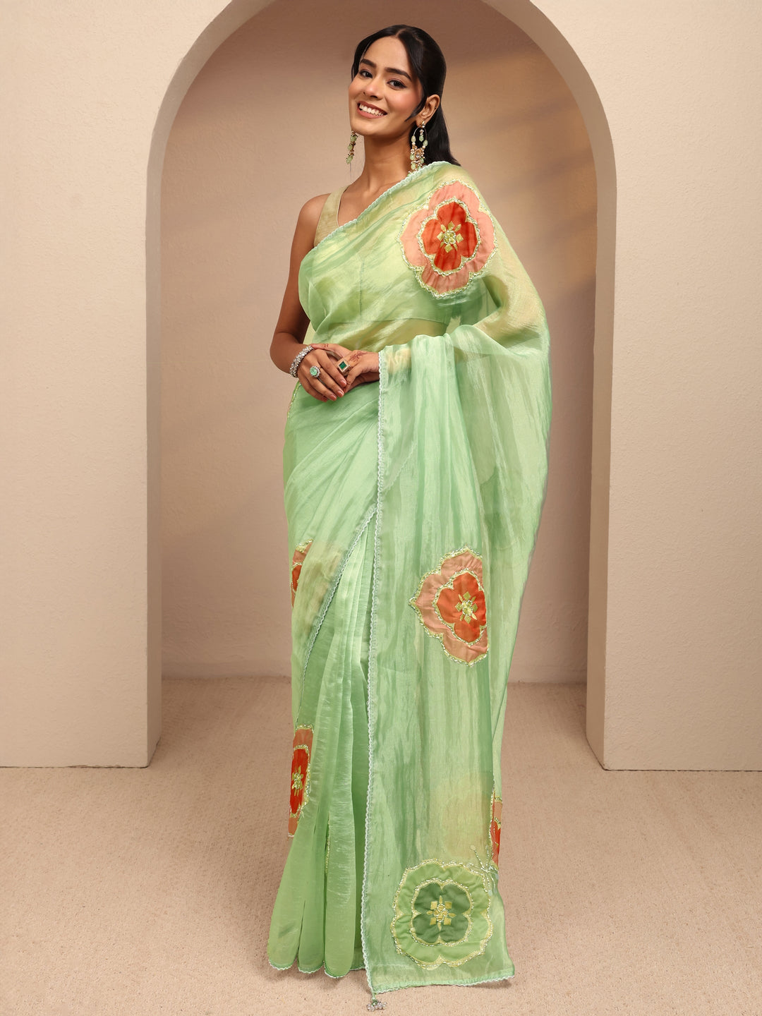  Mint Green Floral Embellished Organza Saree 