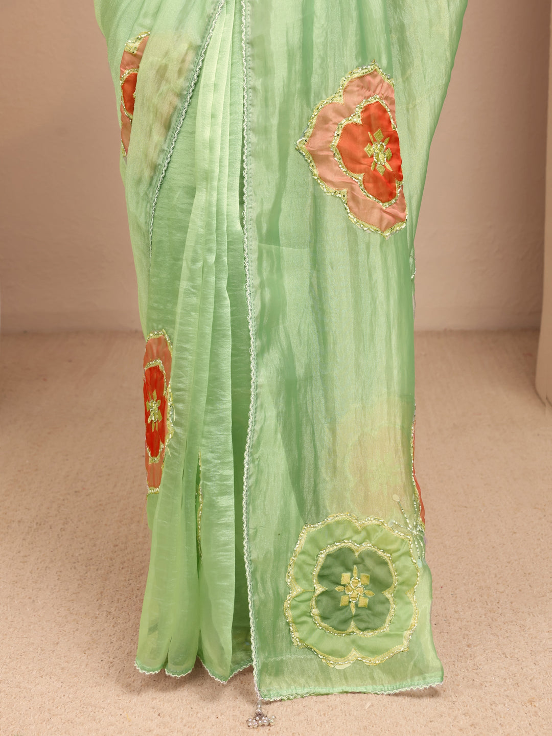 Mint Green Floral Embellished Organza Saree 