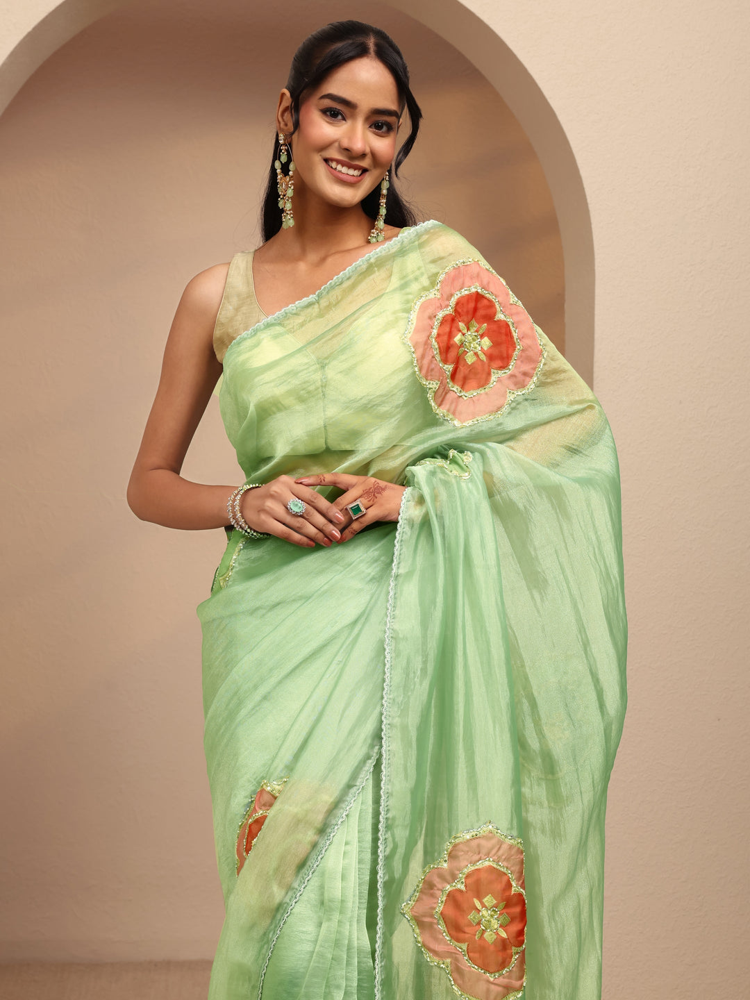  Mint Green Floral Embellished Organza Saree 
