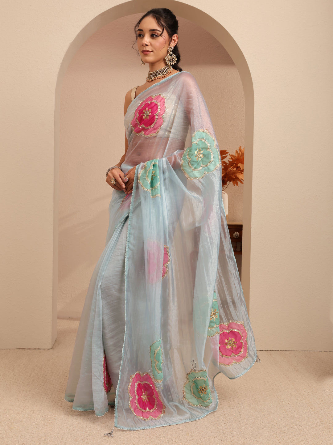  Powder Blue Floral Embellished Organza Saree 