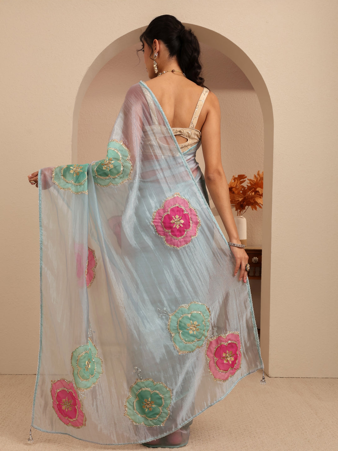  Powder Blue Floral Embellished Organza Saree 