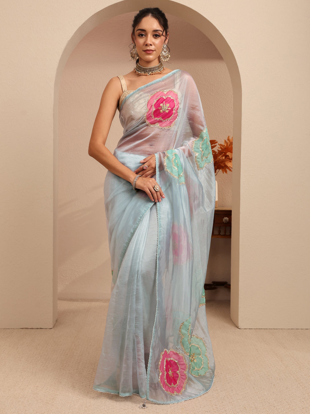  Powder Blue Floral Embellished Organza Saree 