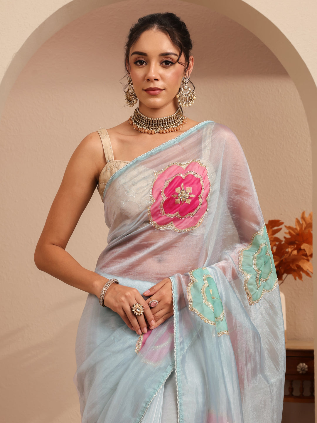  Powder Blue Floral Embellished Organza Saree 
