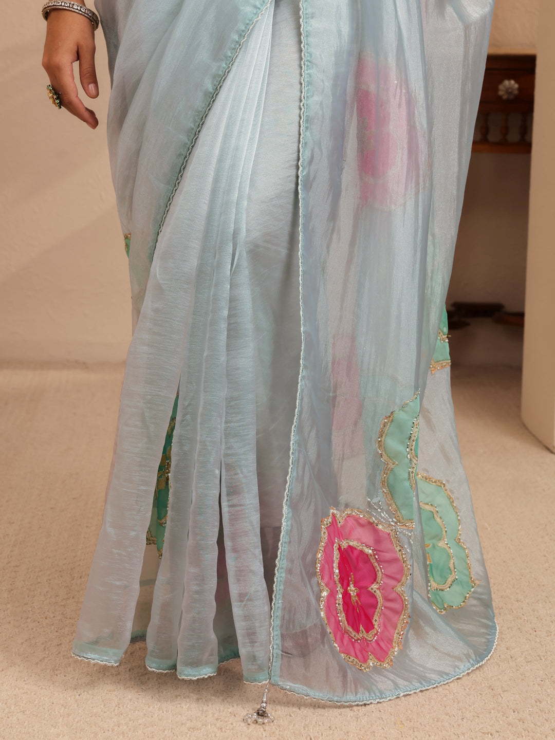  Powder Blue Floral Embellished Organza Saree 