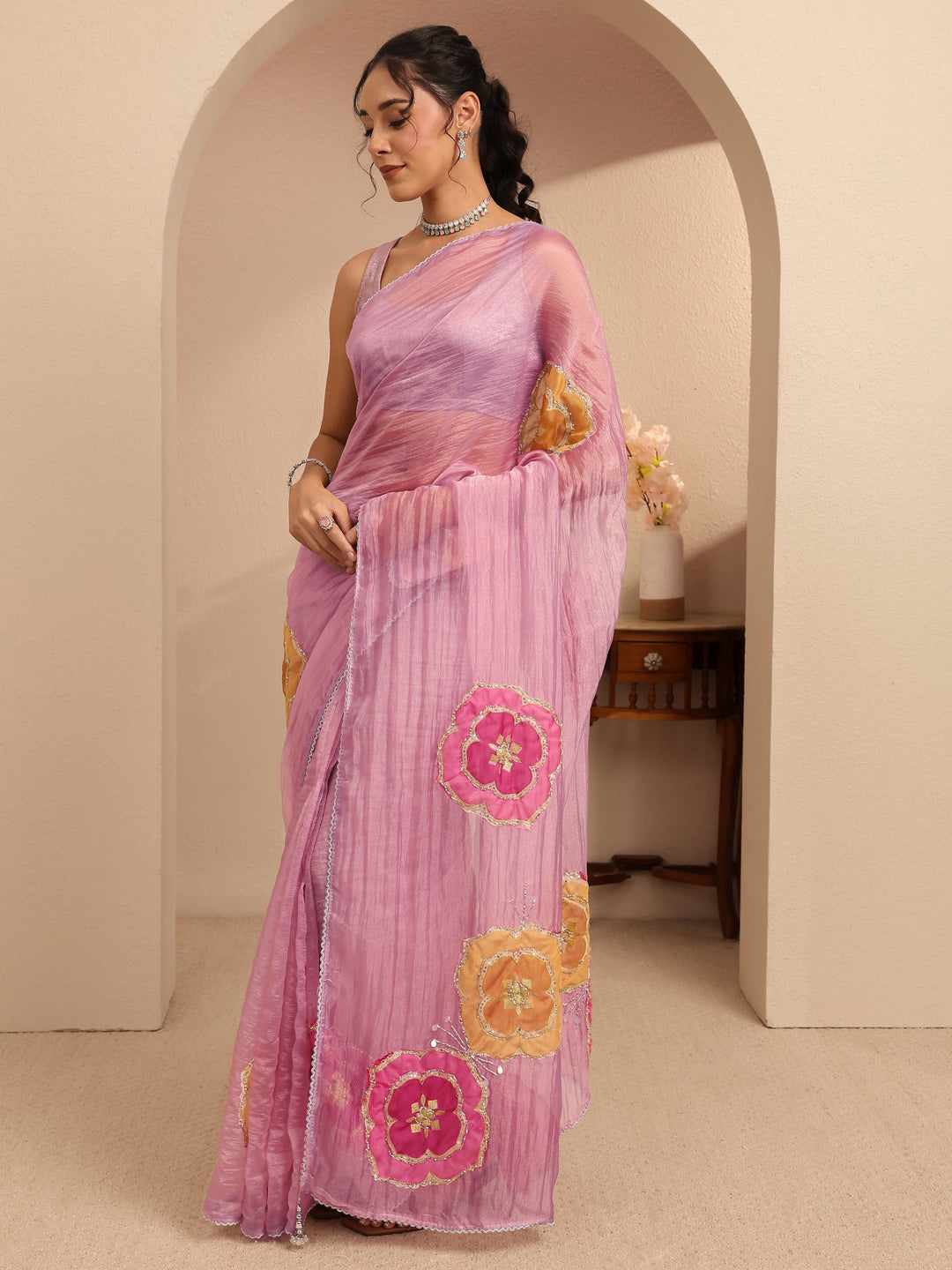  Rose Pink Floral Embellished Organza Saree 