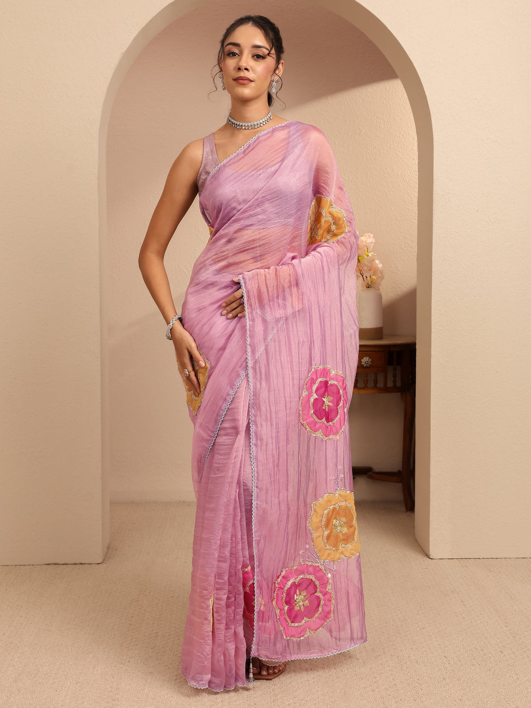  Rose Pink Floral Embellished Organza Saree 