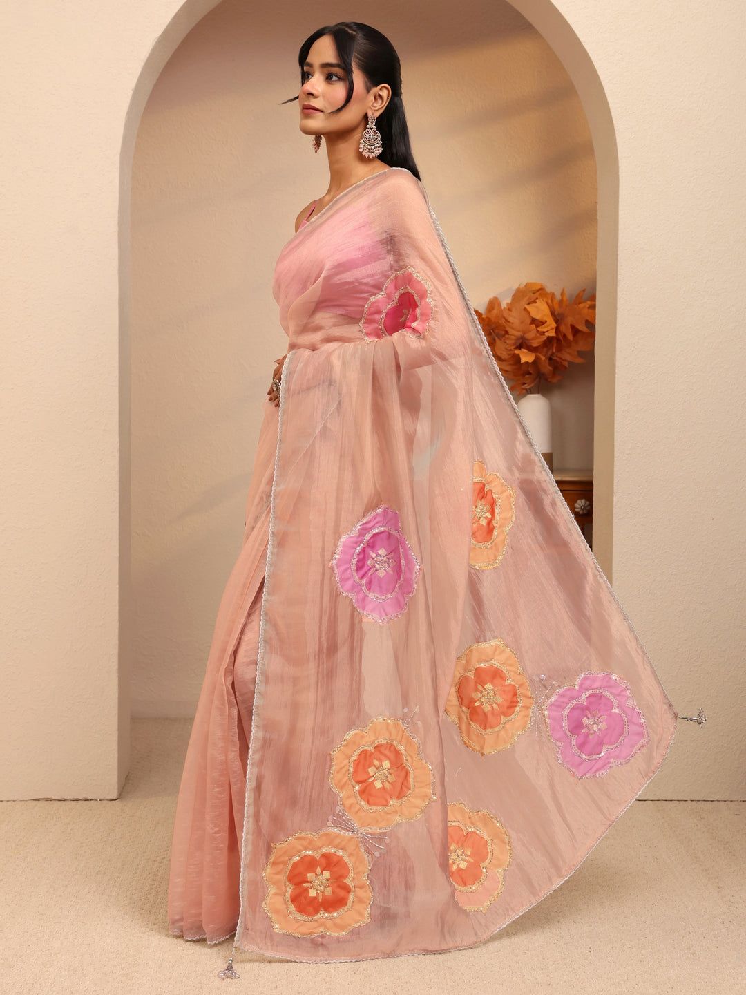  Beige Floral Embellished Organza Saree 
