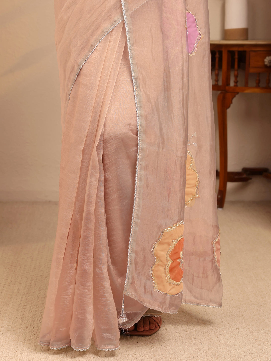  Beige Floral Embellished Organza Saree 