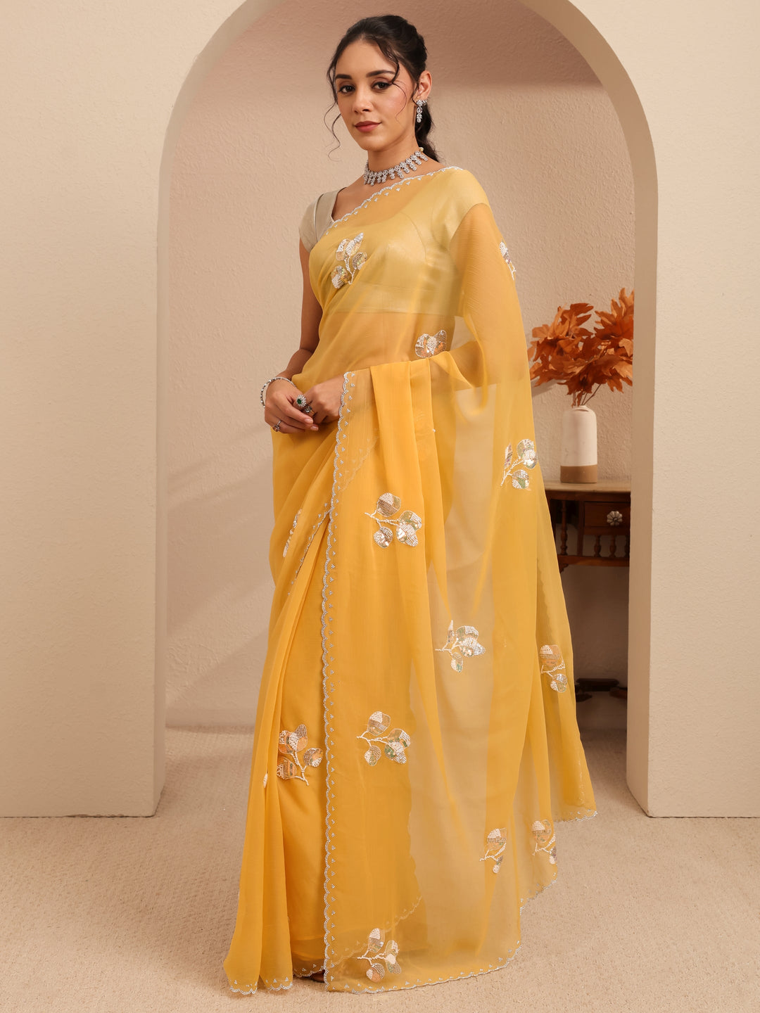 Mustard Yellow Floral Embellished Tissue Saree 