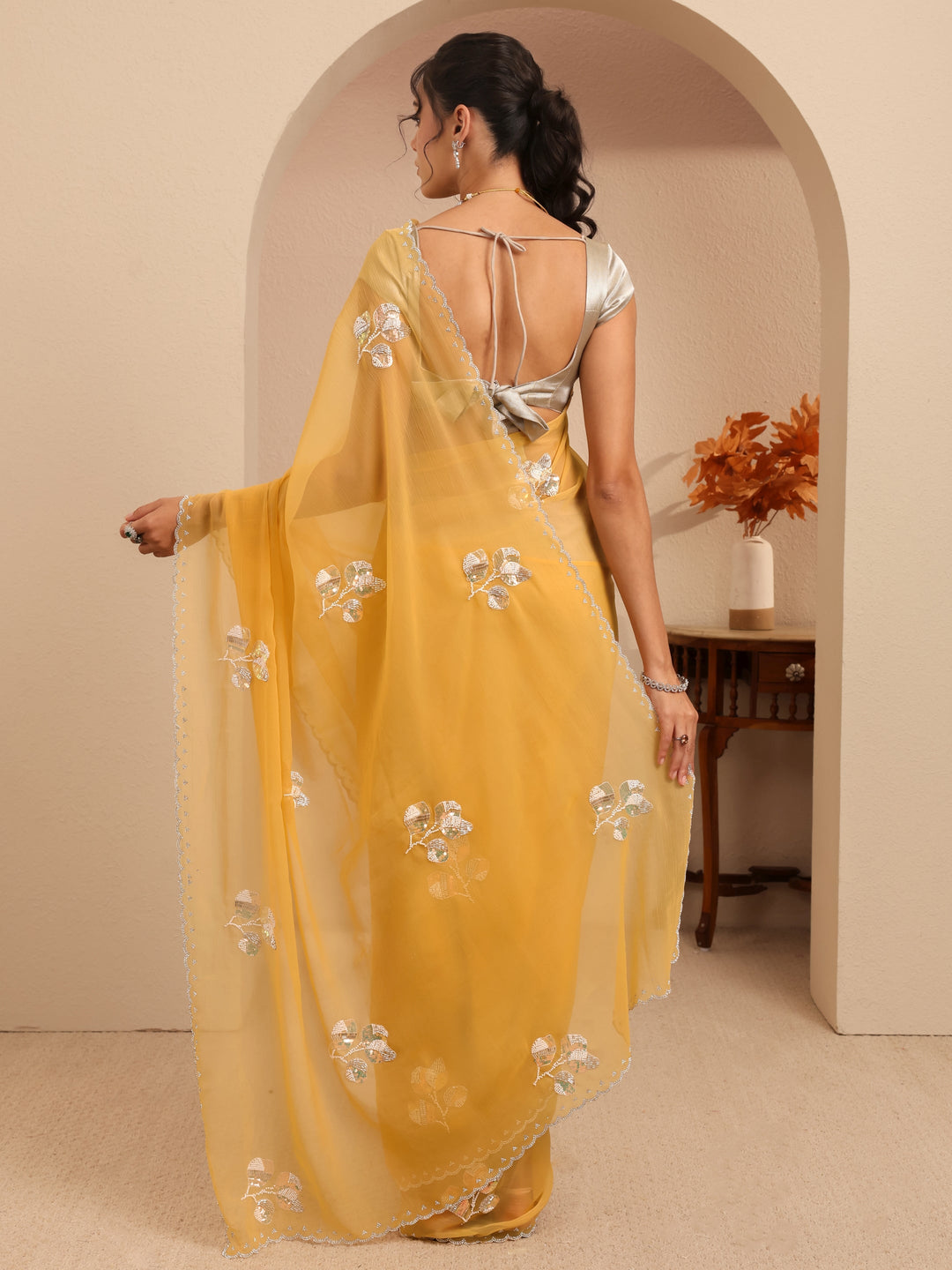  Mustard Yellow Floral Embellished Tissue Saree 