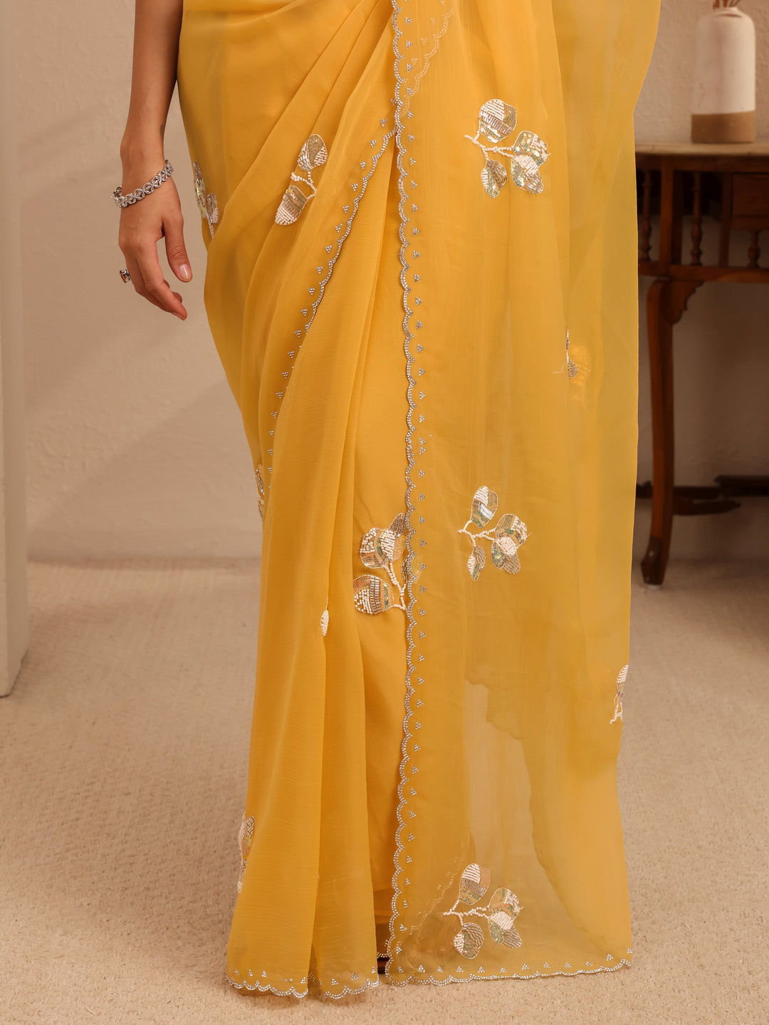  Mustard Yellow Floral Embellished Tissue Saree 