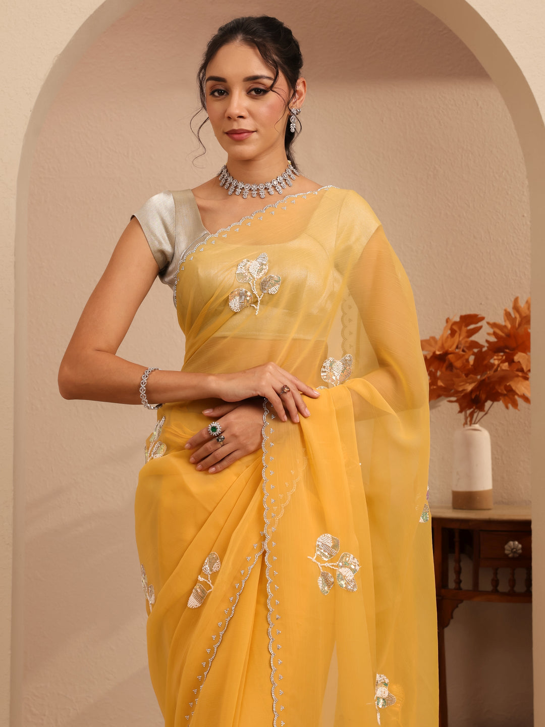  Mustard Yellow Floral Embellished Tissue Saree 
