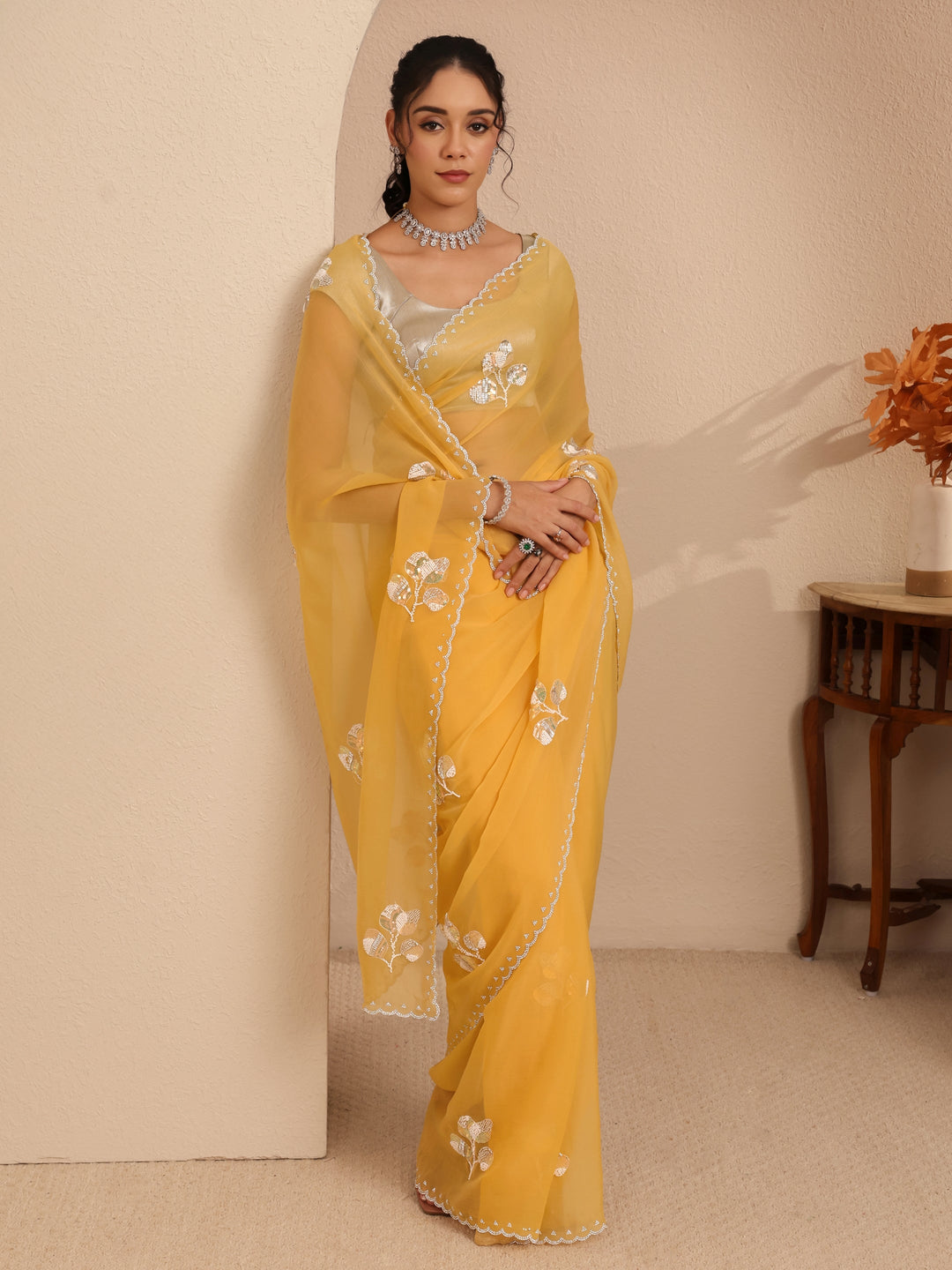  Mustard Yellow Floral Embellished Tissue Saree 